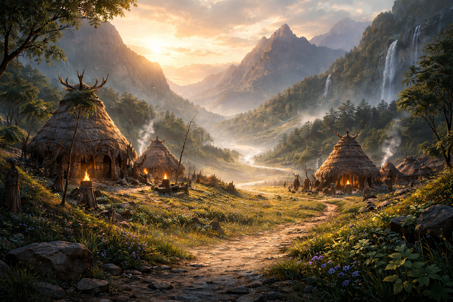 Village at dawn in a lush valley.png